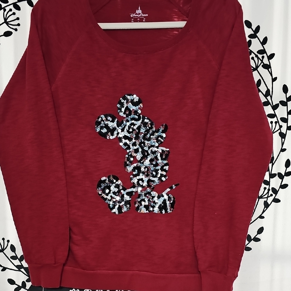 Disney Parks Red Mickey Mouse Sequin L Raglan Long Sleeve Graphic Shirt